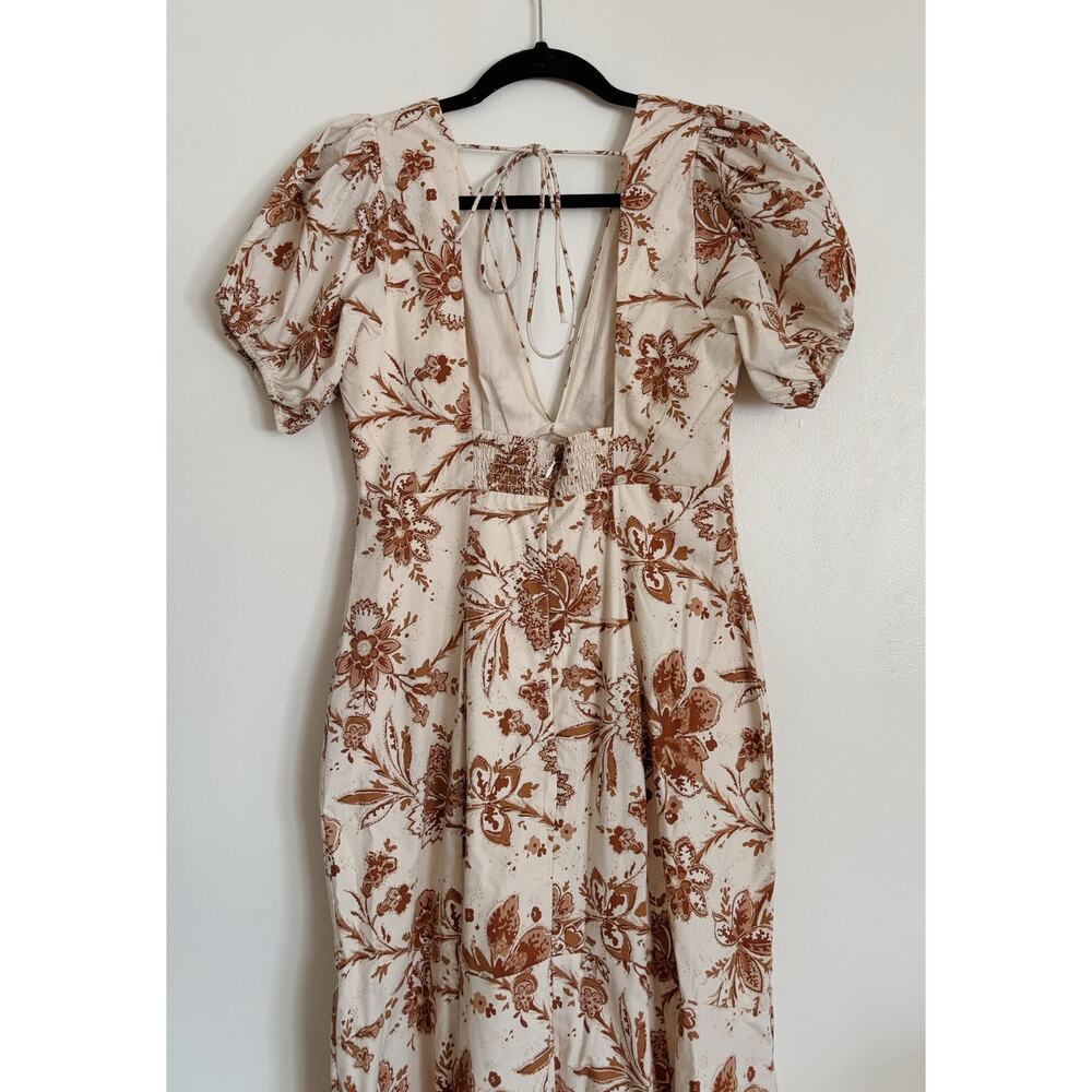 Tan Brown Abercrombie Puff Sleeve Floral Poplin Midi Dress S - Picture 6 of 8